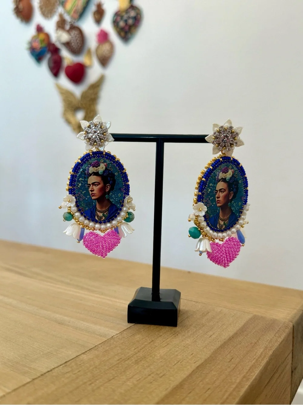 Frida Kahlo Statement Beaded Drop Earrings - Blue & Pink
